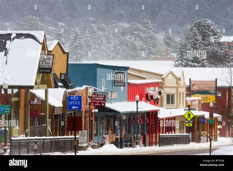 Historic downtown Woodland Park, Colorado during a Colorado Blizzard Stock Photo - Alamy