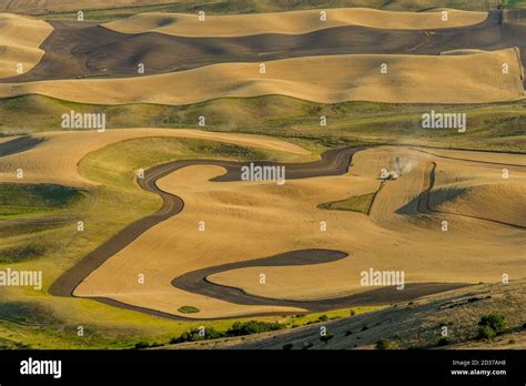 View from Steptoe Butte of rolling fields in the Palouse during harvest ...