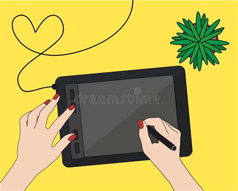Vector Drawing of Desktop with Tablet for Graphic Drawing, Human Hands and Green Plant. Hands of ...