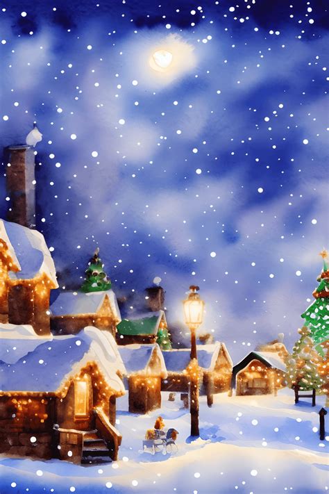 Christmas Village with Lights Snow and Beautiful Sky · Creative Fabrica