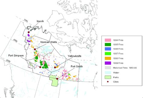 Map depicting the forest fire history in the NWT from 1980 to 1999 ...