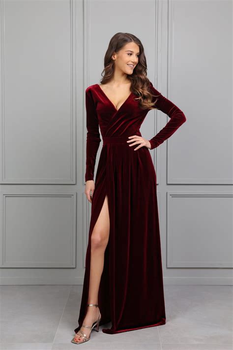 Dark Burgundy Bridesmaid Velvet Dress High Quality Fabric Dress Maxi ...