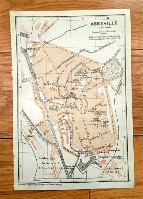 Antique 1909 Abbeville, France Map From Baedekers Guide Atlas Hotel ...