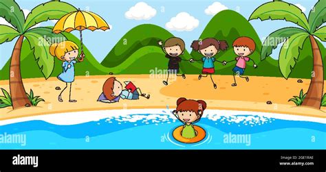 Beach scene with many kids doodle cartoon character illustration Stock ...