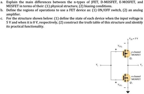 SOLVED: a. Explain the main differences between the n-types of JFET, D-MOSFET, E-MOSFET, and ...