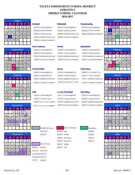 2016 - 2017 Middle School Athletic Calendar | El Paso Independent ...