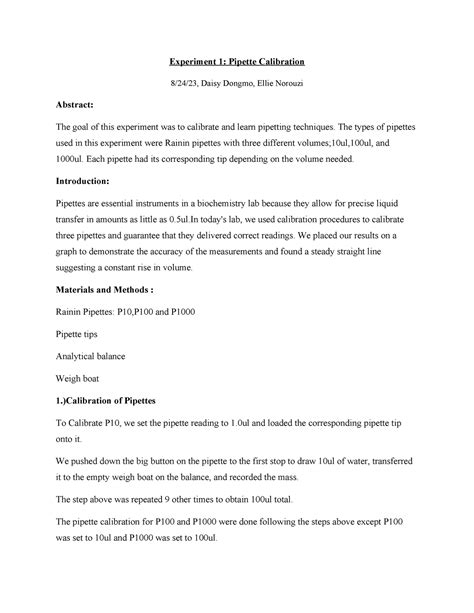 Pipette Calibration - Experiment 1: Pipette Calibration 8/24/23, Daisy ...