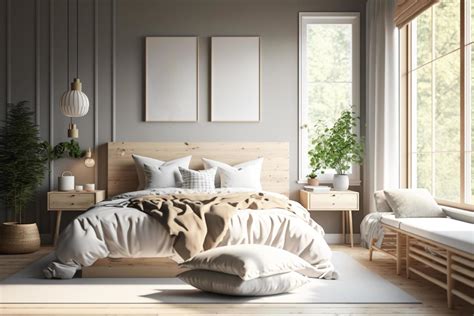 Scandinavian style bedroom mockup with natural wood furniture and a beige color scheme 19576605 ...