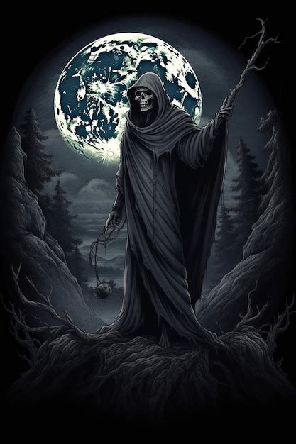 Premium AI Image | A dark illustration of a grim reaper with a moon in the background.