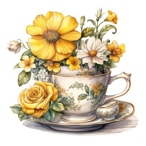 Premium AI Image | There is a painting of a tea cup with flowers in it ...