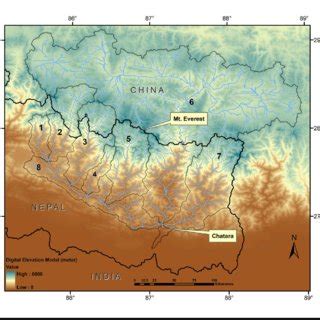 2: The Kosi river basin and its tributaries (1: Indrawati, 2: Bhote ...