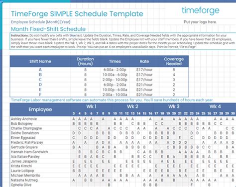 Month Fixed-Shift Schedule Template | TimeForge