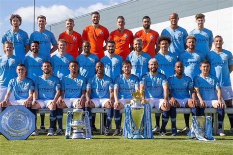 Why Man City squad picture with all four trophies included Ian Carlo Poveda - Manchester Evening ...