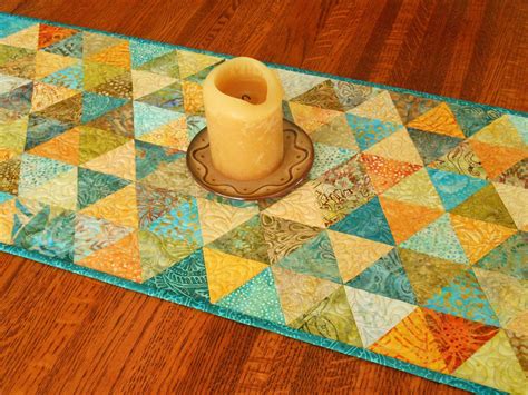 Modern Quilted Batik Table Runner With Triangles in Teal Yellow Green Brown, Coffee Table Runner ...