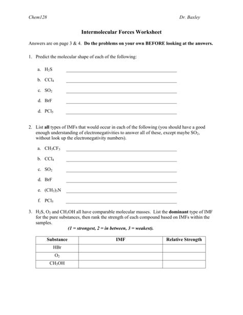 Types Of Intermolecular Forces Worksheets