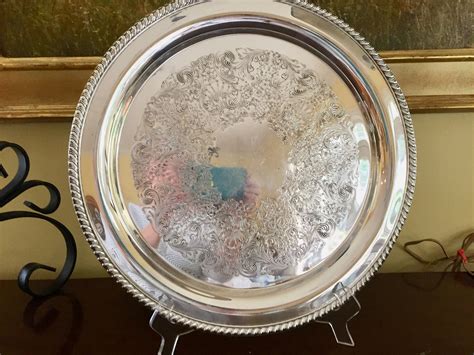 Round Silver Tray, Vintage Silver Plate 15 Inch Serving Tray, Embossed ...