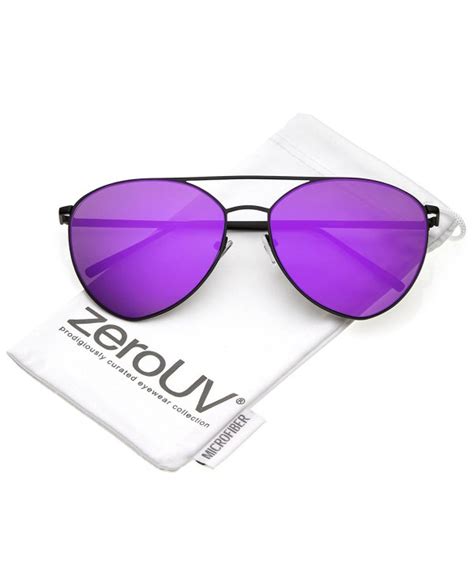 Oversize Thin Metal Double Crossbar Mirrored Flat Lens Aviator Sunglasses 62mm - Black / Purple ...