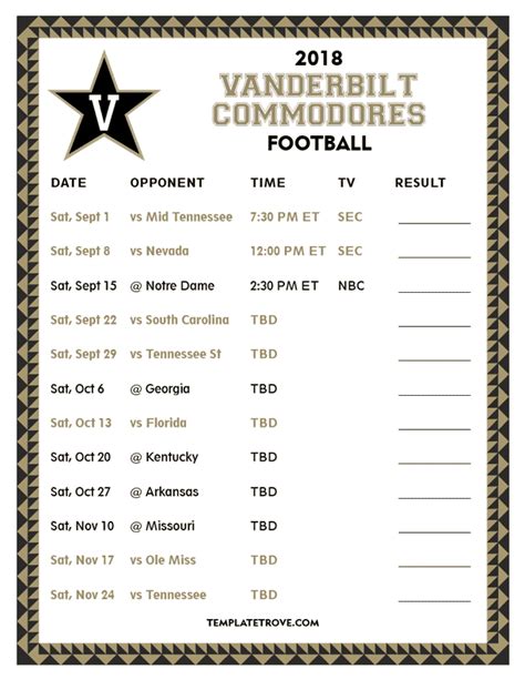 Printable 2018 Vanderbilt Commodores Football Schedule