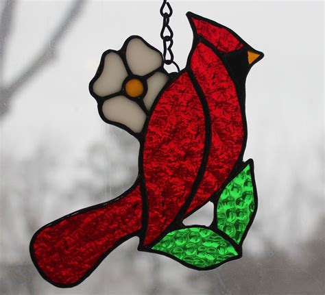 Stained Glass Cardinal with White Flower by StainedGlassElegance on Etsy https://www.etsy.co ...