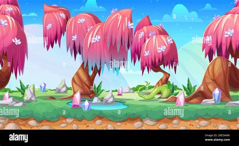 Fantasy game landscape, vector seamless background with cartoon fairy forest. Game ui animation ...
