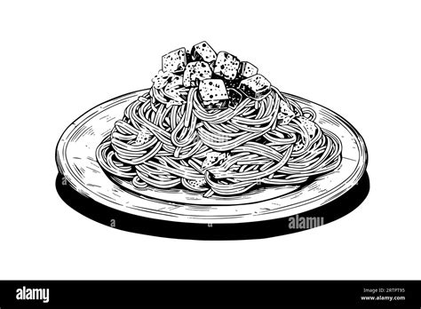 Italian pasta. Spaghetti on a plate, fork with spaghetti Vector engraving style illustration ...