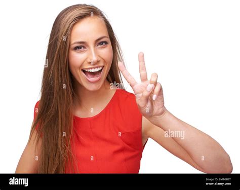 Woman, studio portrait and hand for peace sign emoji for support, motivation and a positive ...