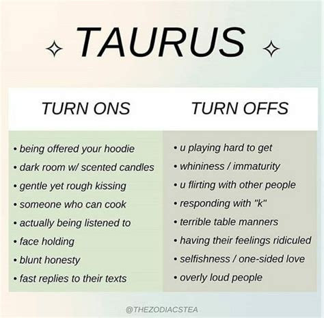 Taurus turn ons/ offs | Taurus zodiac facts, Taurus zodiac quotes, Zodiac signs taurus