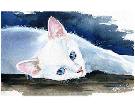 Original Cat Painting, White Kitten, Handmade Watercolor, Cat Art, Custom Cat Painting, Pet ...