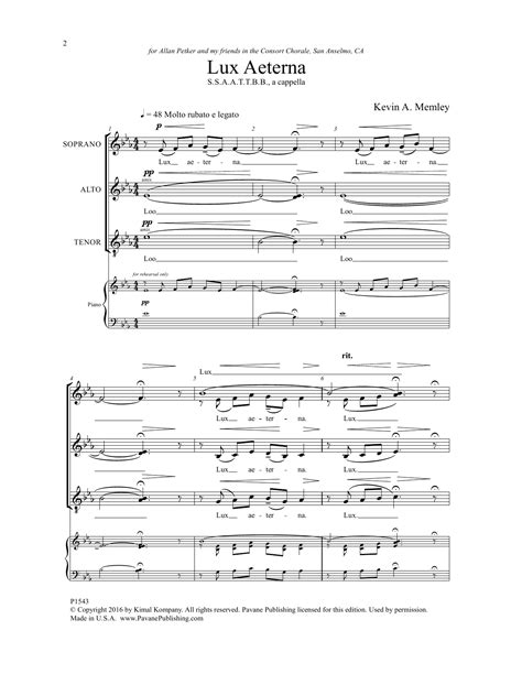 Kevin Memley "Lux Aeterna" Sheet Music Notes | Download Printable PDF ...