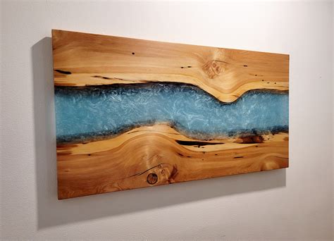 Live Edge Wood and Transparent Glacier Blue Epoxy Wall Art Handmade Wood and Epoxy Wall Art Live ...