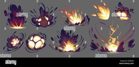 Bomb explosion, rocket hit animation effect. Vector sprite sheet of ...