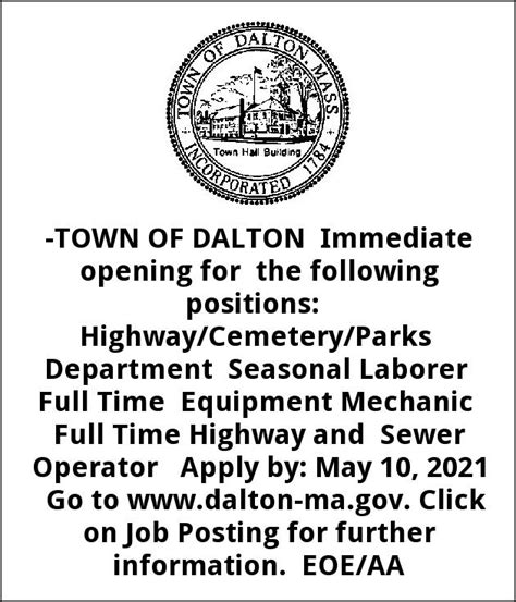 Immediate Openiing, Town of Dalton, Dalton, MA