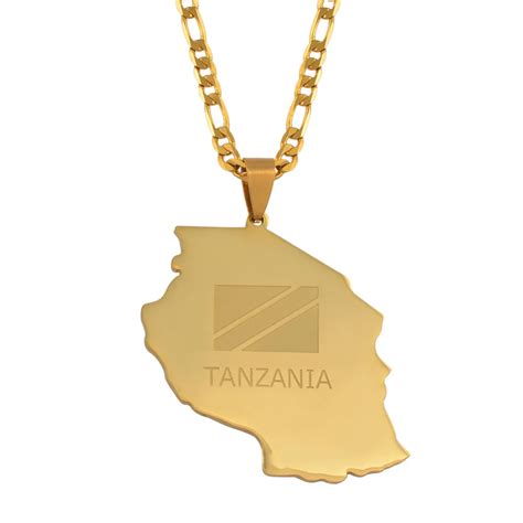 Gold Color Map of TANZANIA Flag Pendant Necklace Jewelry for Women ...