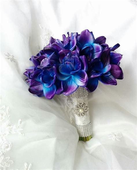 Wedding Natural Touch Blue Purple Dendrobium Orchids Wedding Bouquet With Brooch And Diamond ...