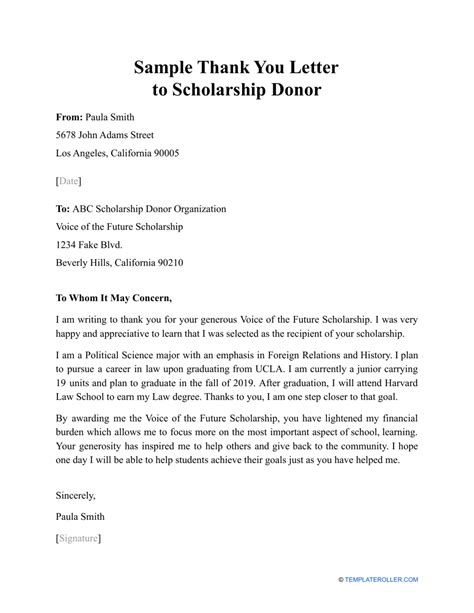 Sample Thank You Letter to Scholarship Donor Download Printable PDF ...