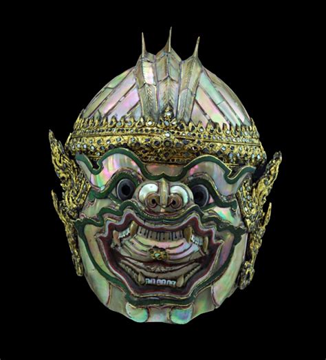 Mask of Hanuman, the monkey god. Mother-of-pearl on metal. Thailand ...