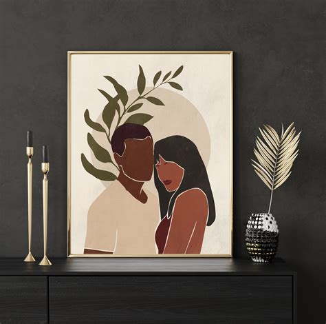 Abstract Romantic Couple Art Prints, Minimalist Boho Botanical Printable Wall Art, Black Woman ...