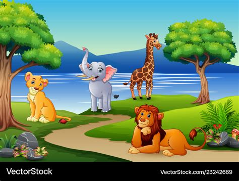 Happy animals cartoon on the nature scene Vector Image