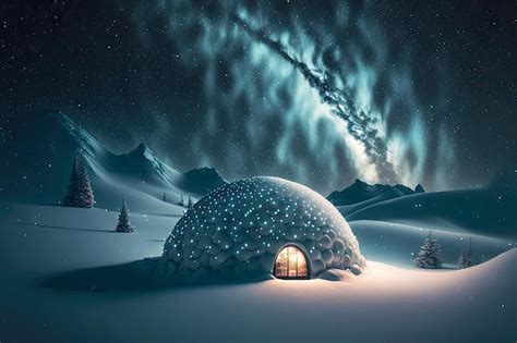 Premium Photo | Night sky and semicircular snow igloo with small entrance