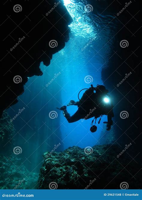 Man Underwater Photographer Scuba Diving Cave Stock Photo - Image of ...