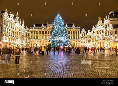 Christmas time in Brussels, Belgium, huge Christmas tree on the Grand ...