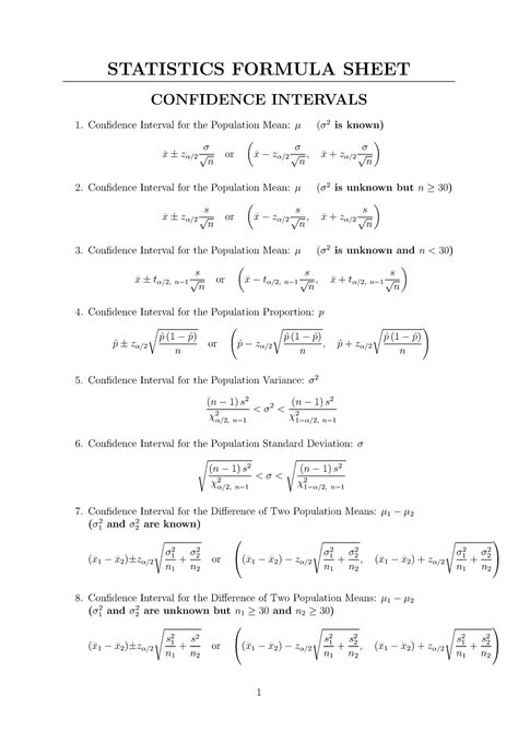 Statistics Formula Sheets - STATISTICS FORMULA SHEET CONFIDENCE ...