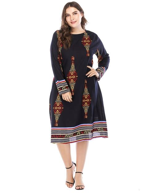 Plus Size Ethnic Print Round Neck Loose Fit Maxi Dress, Women''s Plus ...