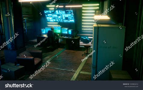 Male Hacker Surrounded By Glowing Monitors Stock Illustration ...