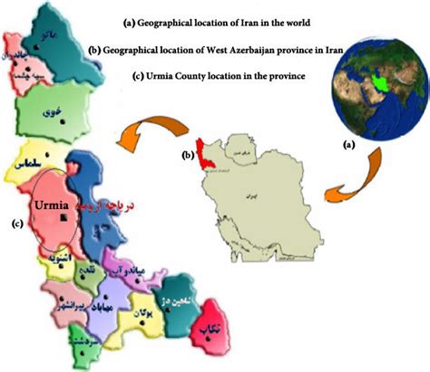 Map of location for Urmia County in the (a) world, (b) Iran and (c ...