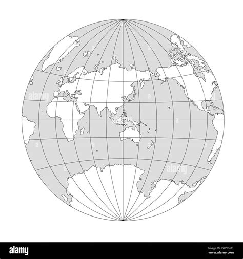Simplified Map of World in the circle focused on Asia and Australia. Latitude and longitude grid ...