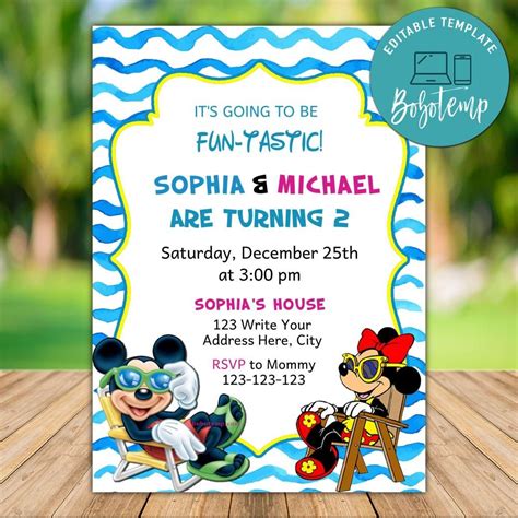 Printable Mickey and Minnie Twin Birthday Invitations DIY | Bobotemp