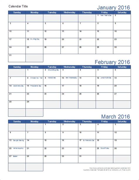 Download a free printable quarterly calendar template for Excel with 3 ...