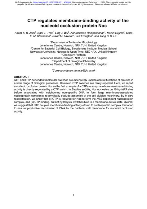 (PDF) CTP regulates membrane-binding activity of the nucleoid occlusion protein Noc