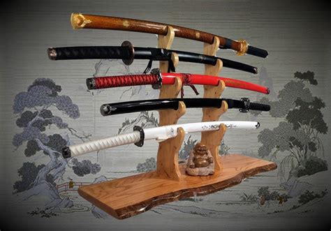 Solid Rustic Oak Katana Sword Stand, Hickory Holders, Mantel Desk Top Japanese Samurai Decor ...